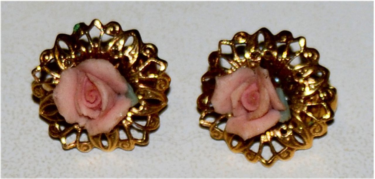 Earrings, clip-on earrings, gold with rose