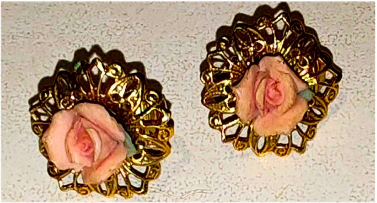 Earrings, clip-on earrings, gold with rose