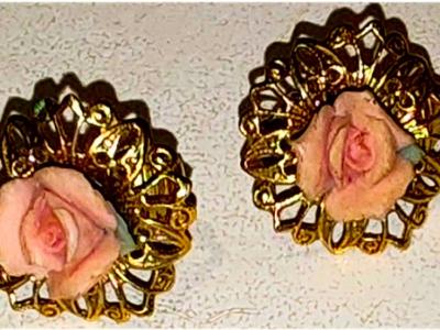 Earrings, clip-on earrings, gold with rose