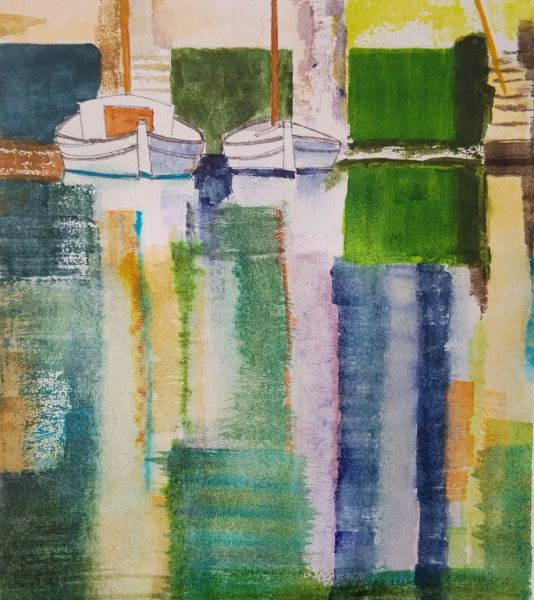 Originales maritimes Aquarell, es Riveto von Portocolom, neues blaues und grünes Papier