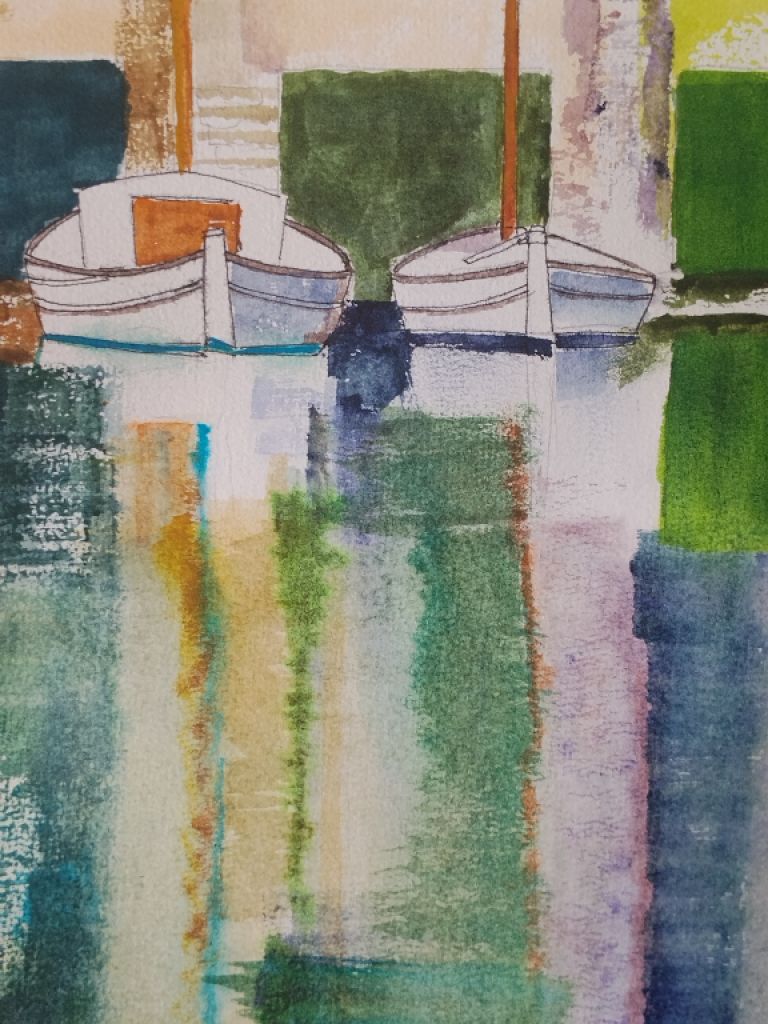 Originales maritimes Aquarell, es Riveto von Portocolom, neues blaues und grünes Papier