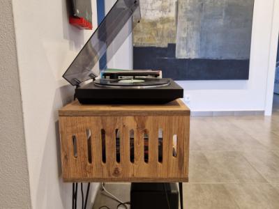 Plattenspieler-Möbel mit „hairpin“-Beinen + Vinyl-Aufbewahrung (Etsy-Stil)