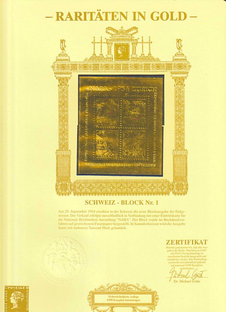 Raritäten in Gold, Göde Bayerisches Münzkontor, 2 Alben, 70 Goldbriefmarken, zertifiziert, limitiert