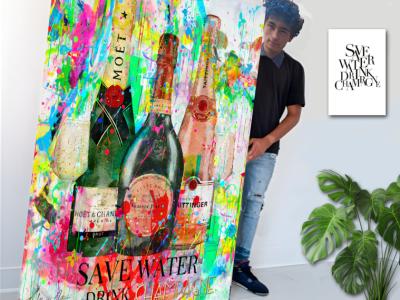 Save water drink Champagne - Kunst auf Leinwand   80x100cm