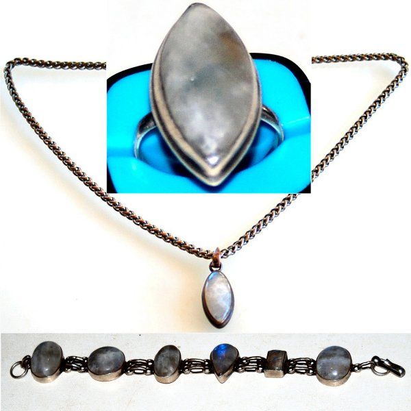 Set, 925 Ag, Moonstone, Gemstone Vintage, Necklace, Ring, Bracelet
