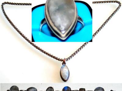 Set, 925 Ag, Mondstein, Edelstein Vintage, Kette, Ring, Armband