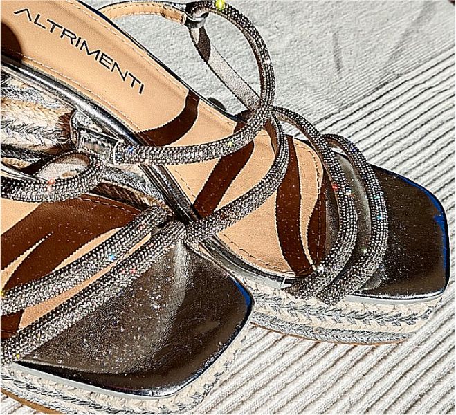 silver wedge sandal from Altrimenti with rhinestone straps, size 38
