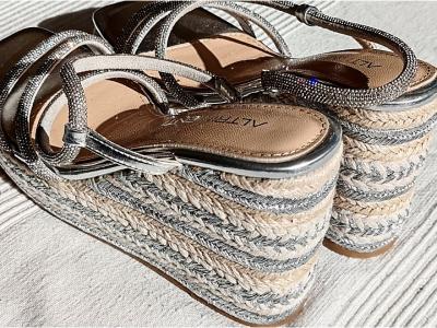 silver wedge sandal from Altrimenti with rhinestone straps, size 38