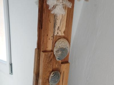 Mirror with wooden frame, driftwood and shells