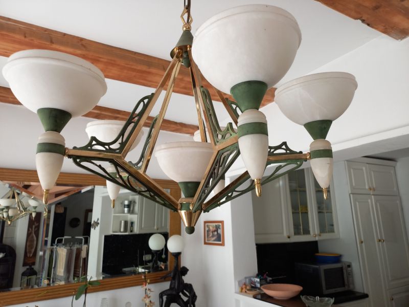 Lámpara de comedor elegante verde antiguo, 6 bombillas