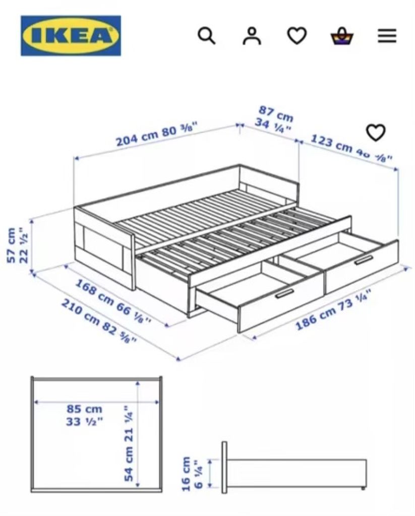 Daybed BRIMNES white, 80x200 cm extendable to 160x200 cm (lying surface)