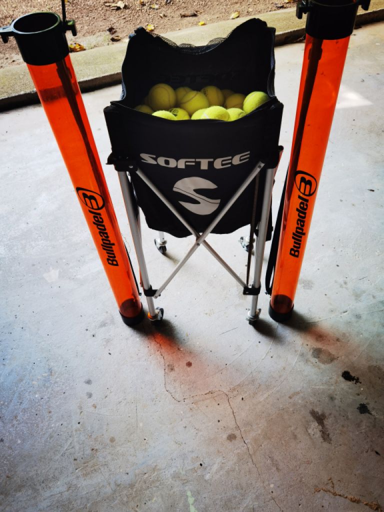 Cesto para pelotas de tenis/pádel, 40 pelotas y 2 tubos recogepelotas