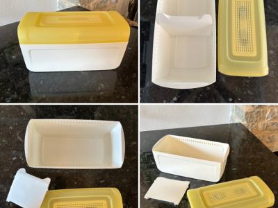 Unbenutzt, Tupperware Brotmax Junior Brotbehälter in gelb-weiß.