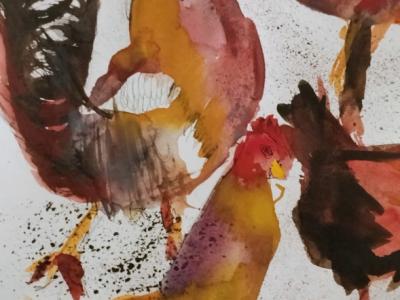 Versammlung von Hähnen und Hühnern