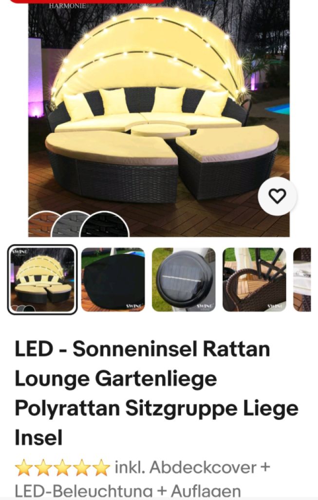 XXL LED-Sonneninsel Gartenliege Polyrattan Sitzgruppe Liege Insel NEU grau 210 Solarmodul