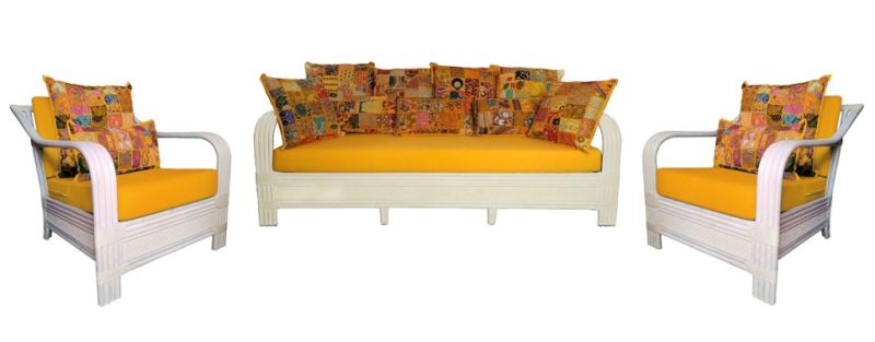 Zu verkaufen elegantes IBIZA Style Sofa Set aus weissem Bambus und geflochtenem Rattan