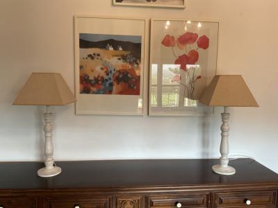 Two "shabby chic" table lights with shades.